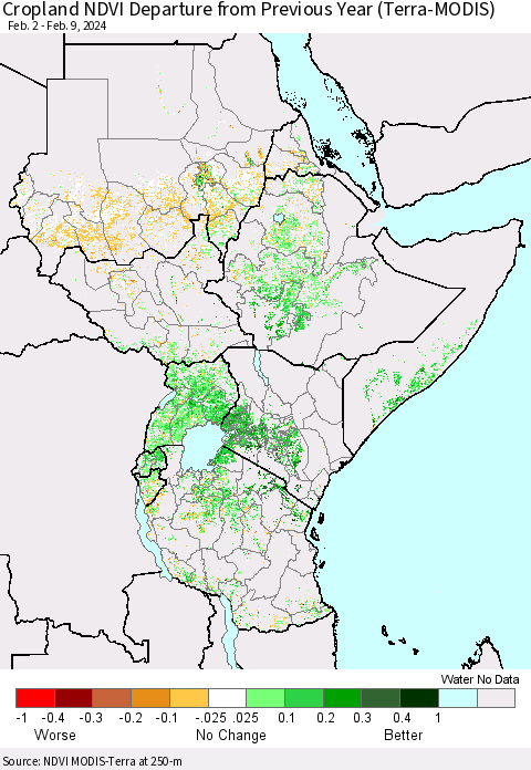 Eastern Africa Cropland NDVI Departure from Previous Year (Terra-MODIS) Thematic Map For 2/2/2024 - 2/9/2024