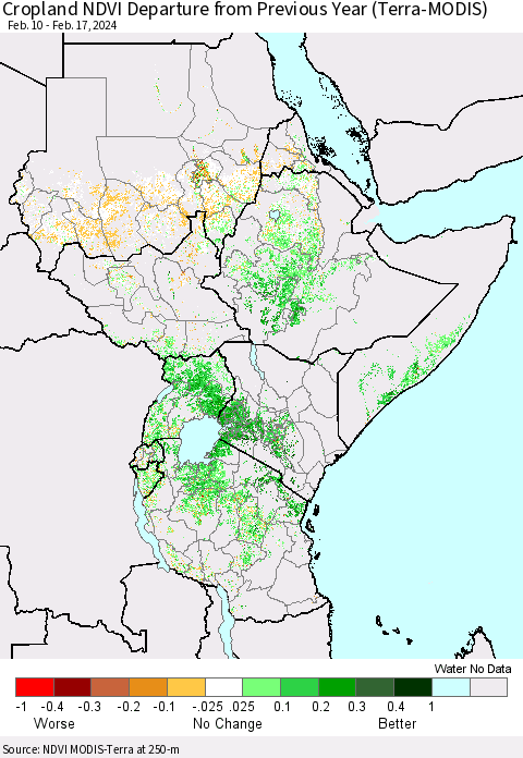Eastern Africa Cropland NDVI Departure from Previous Year (Terra-MODIS) Thematic Map For 2/10/2024 - 2/17/2024