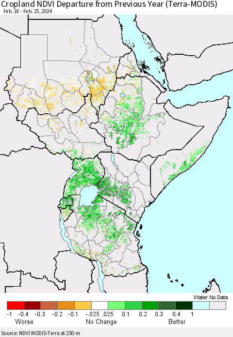 Eastern Africa Cropland NDVI Departure from Previous Year (Terra-MODIS) Thematic Map For 2/18/2024 - 2/25/2024