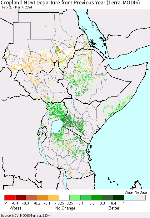 Eastern Africa Cropland NDVI Departure from Previous Year (Terra-MODIS) Thematic Map For 2/26/2024 - 3/4/2024
