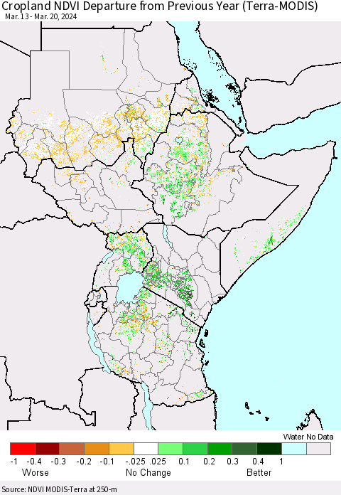 Eastern Africa Cropland NDVI Departure from Previous Year (Terra-MODIS) Thematic Map For 3/13/2024 - 3/20/2024