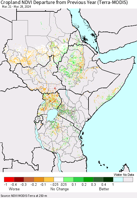 Eastern Africa Cropland NDVI Departure from Previous Year (Terra-MODIS) Thematic Map For 3/21/2024 - 3/28/2024