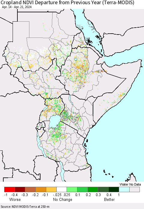 Eastern Africa Cropland NDVI Departure from Previous Year (Terra-MODIS) Thematic Map For 4/14/2024 - 4/21/2024
