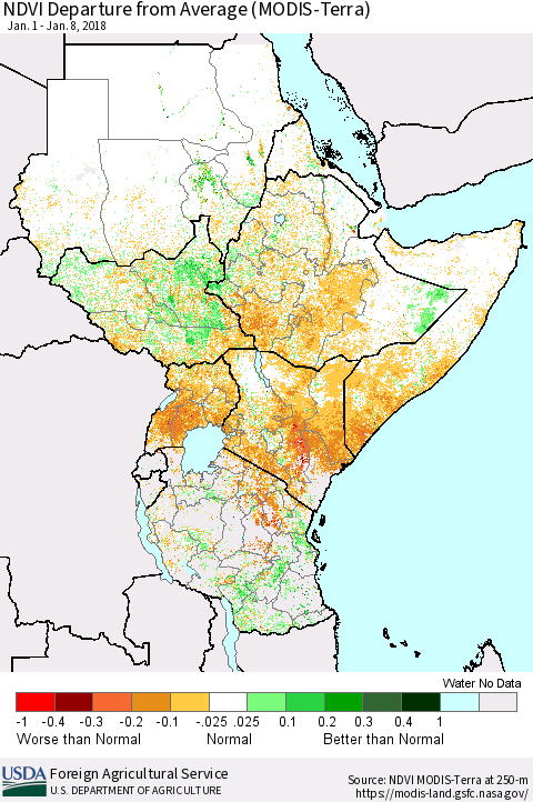 Eastern Africa NDVI Departure from Average (Terra-MODIS) Thematic Map For 1/1/2018 - 1/10/2018