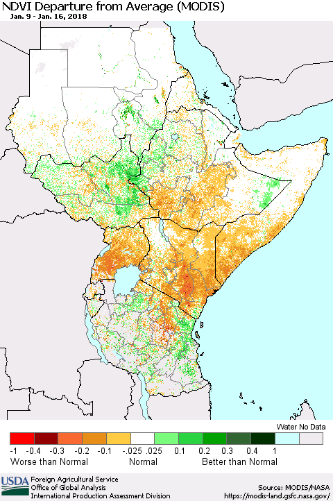 Eastern Africa NDVI Departure from Average (Terra-MODIS) Thematic Map For 1/11/2018 - 1/20/2018