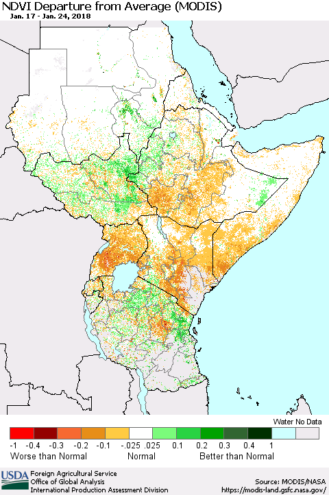 Eastern Africa NDVI Departure from Average (Terra-MODIS) Thematic Map For 1/21/2018 - 1/31/2018