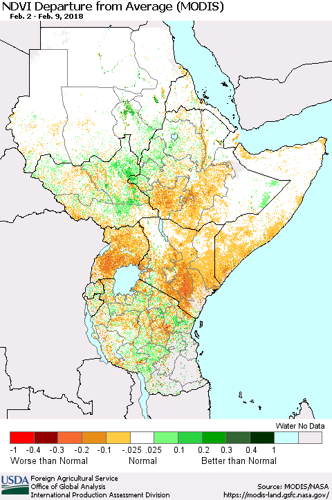 Eastern Africa NDVI Departure from Average (Terra-MODIS) Thematic Map For 2/1/2018 - 2/10/2018