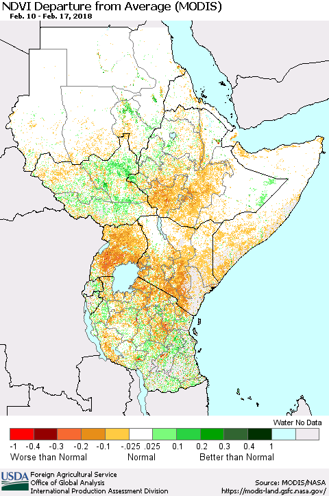 Eastern Africa NDVI Departure from Average (Terra-MODIS) Thematic Map For 2/11/2018 - 2/20/2018