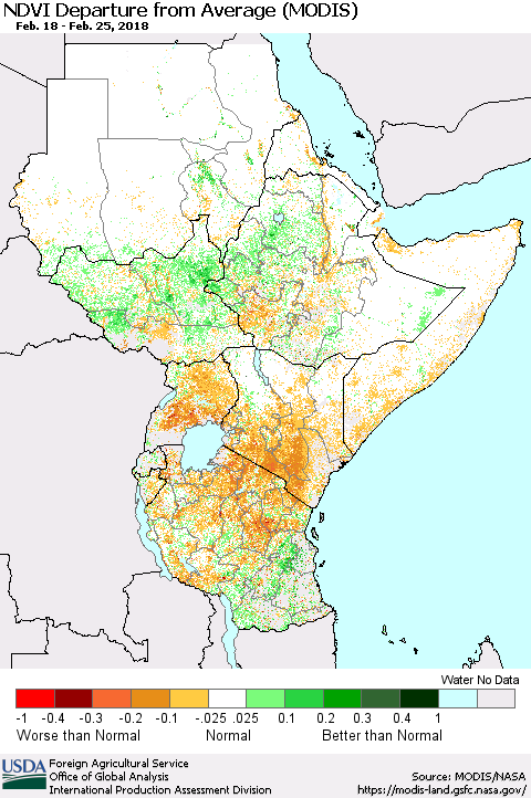 Eastern Africa NDVI Departure from Average (Terra-MODIS) Thematic Map For 2/21/2018 - 2/28/2018