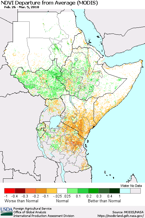 Eastern Africa NDVI Departure from Average (Terra-MODIS) Thematic Map For 3/1/2018 - 3/10/2018