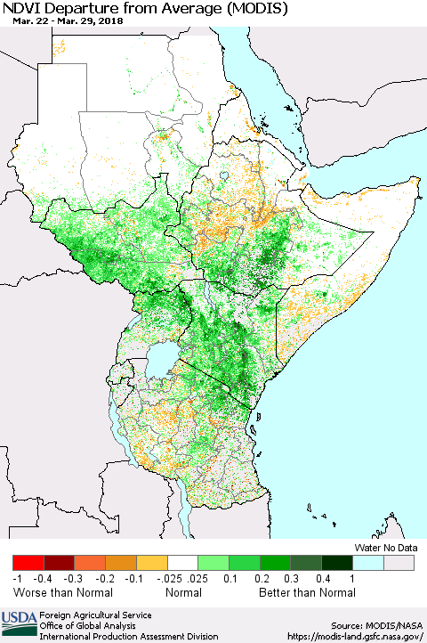 Eastern Africa NDVI Departure from Average (Terra-MODIS) Thematic Map For 3/21/2018 - 3/31/2018