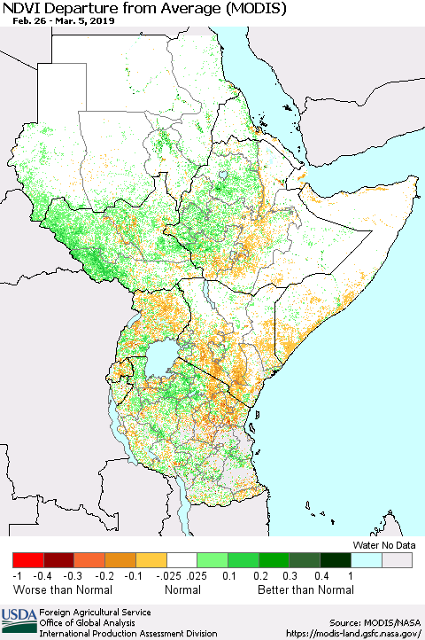Eastern Africa NDVI Departure from Average (MODIS-Terra) Thematic Map For 3/1/2019 - 3/10/2019
