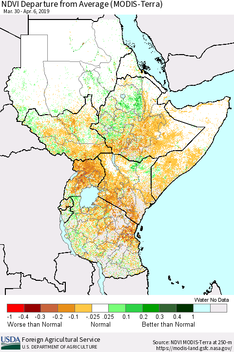 Eastern Africa NDVI Departure from Average (MODIS-Terra) Thematic Map For 4/1/2019 - 4/10/2019