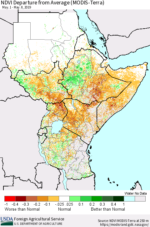 Eastern Africa NDVI Departure from Average (MODIS-Terra) Thematic Map For 5/1/2019 - 5/10/2019