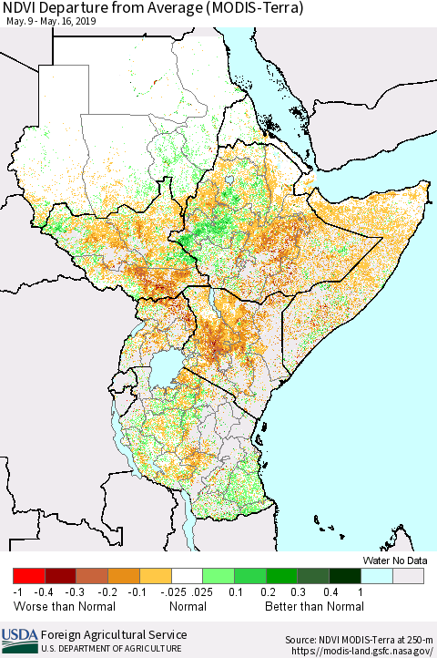 Eastern Africa NDVI Departure from Average (MODIS-Terra) Thematic Map For 5/11/2019 - 5/20/2019