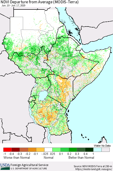 Eastern Africa NDVI Departure from Average (MODIS-Terra) Thematic Map For 6/11/2019 - 6/20/2019