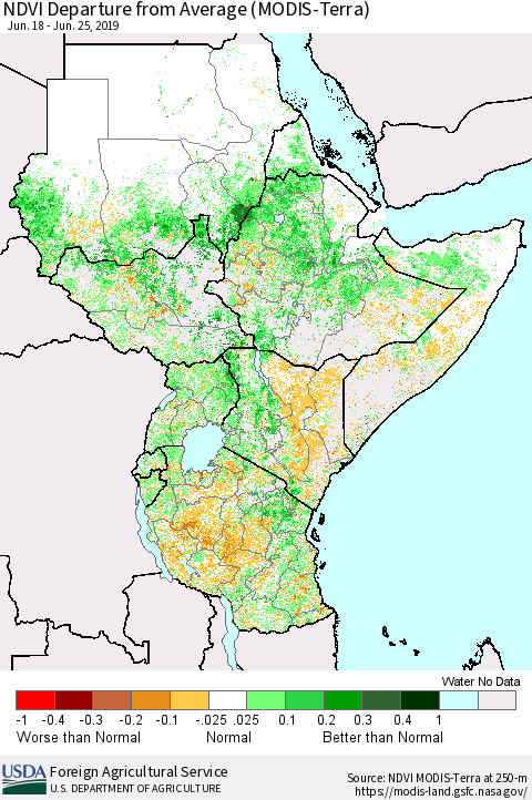 Eastern Africa NDVI Departure from Average (MODIS-Terra) Thematic Map For 6/21/2019 - 6/30/2019