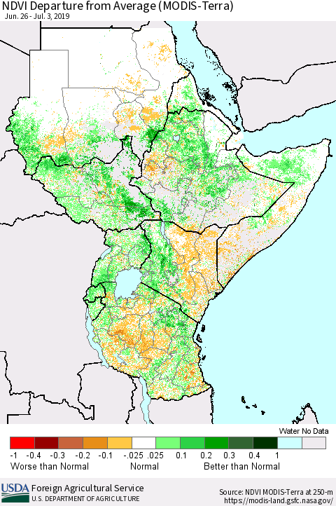 Eastern Africa NDVI Departure from Average (MODIS-Terra) Thematic Map For 7/1/2019 - 7/10/2019
