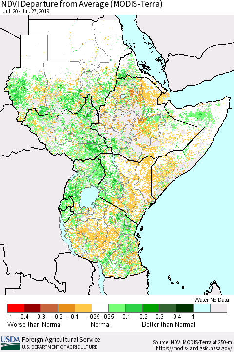 Eastern Africa NDVI Departure from Average (MODIS-Terra) Thematic Map For 7/21/2019 - 7/31/2019