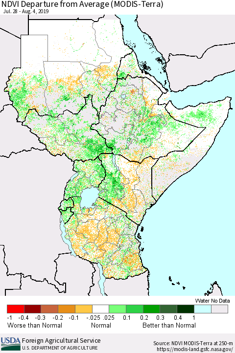 Eastern Africa NDVI Departure from Average (MODIS-Terra) Thematic Map For 8/1/2019 - 8/10/2019