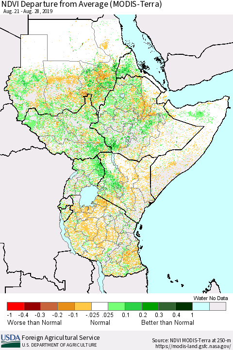 Eastern Africa NDVI Departure from Average (MODIS-Terra) Thematic Map For 8/21/2019 - 8/31/2019