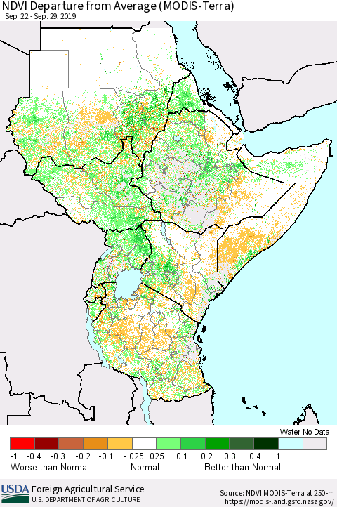 Eastern Africa NDVI Departure from Average (MODIS-Terra) Thematic Map For 9/21/2019 - 9/30/2019