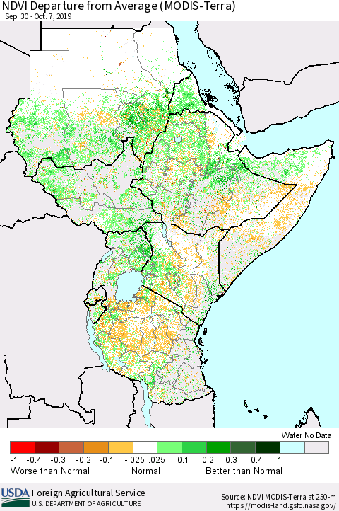 Eastern Africa NDVI Departure from Average (Terra-MODIS) Thematic Map For 10/1/2019 - 10/10/2019