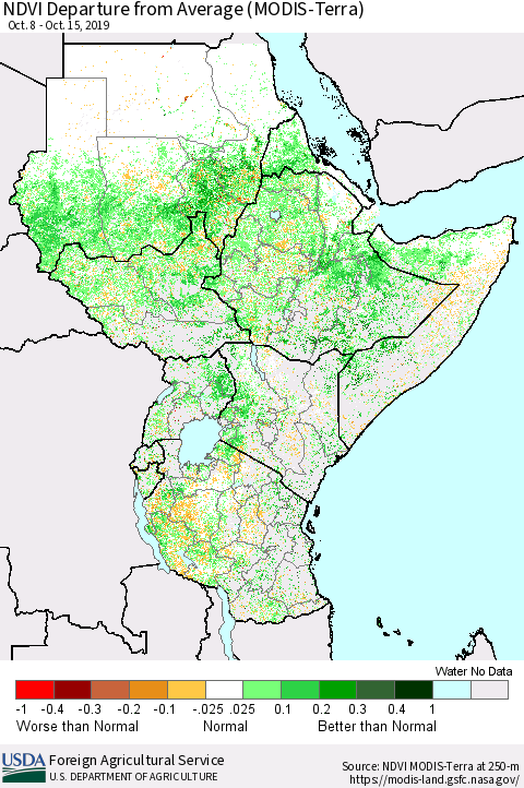 Eastern Africa NDVI Departure from Average (Terra-MODIS) Thematic Map For 10/11/2019 - 10/20/2019