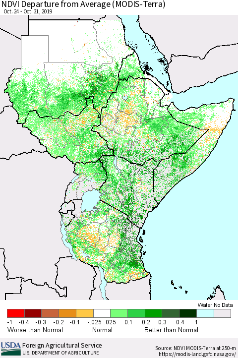 Eastern Africa NDVI Departure from Average (Terra-MODIS) Thematic Map For 10/21/2019 - 10/31/2019