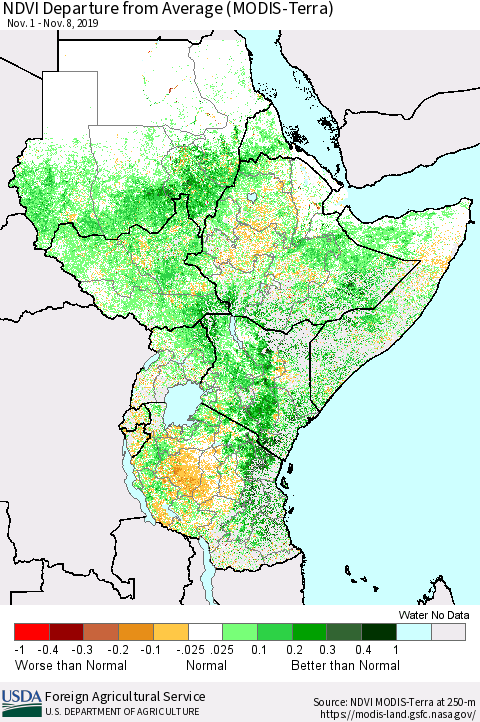 Eastern Africa NDVI Departure from Average (Terra-MODIS) Thematic Map For 11/1/2019 - 11/10/2019