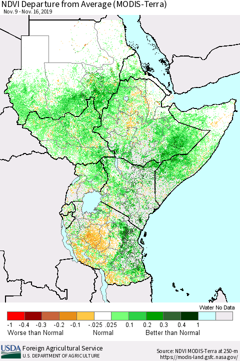 Eastern Africa NDVI Departure from Average (Terra-MODIS) Thematic Map For 11/11/2019 - 11/20/2019