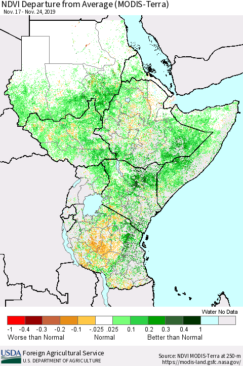 Eastern Africa NDVI Departure from Average (Terra-MODIS) Thematic Map For 11/21/2019 - 11/30/2019