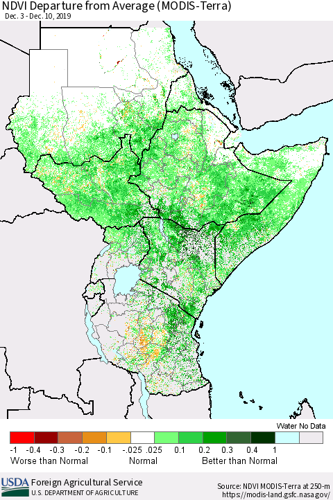 Eastern Africa NDVI Departure from Average (MODIS-Terra) Thematic Map For 12/1/2019 - 12/10/2019