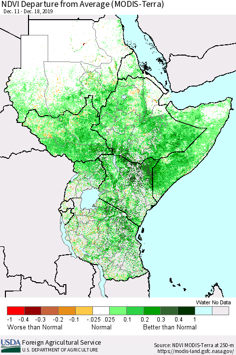 Eastern Africa NDVI Departure from Average (Terra-MODIS) Thematic Map For 12/11/2019 - 12/20/2019