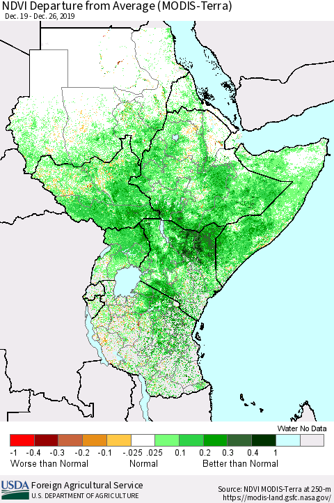 Eastern Africa NDVI Departure from Average (Terra-MODIS) Thematic Map For 12/21/2019 - 12/31/2019