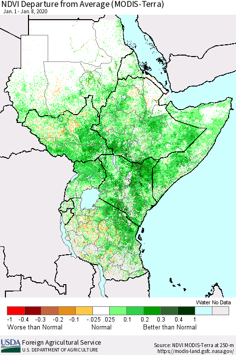Eastern Africa NDVI Departure from Average (MODIS-Terra) Thematic Map For 1/1/2020 - 1/10/2020