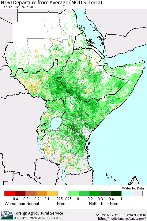 Eastern Africa NDVI Departure from Average (Terra-MODIS) Thematic Map For 1/21/2020 - 1/31/2020