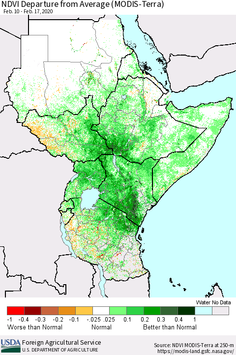 Eastern Africa NDVI Departure from Average (Terra-MODIS) Thematic Map For 2/11/2020 - 2/20/2020