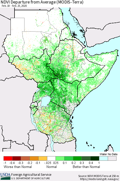 Eastern Africa NDVI Departure from Average (MODIS-Terra) Thematic Map For 2/21/2020 - 2/29/2020