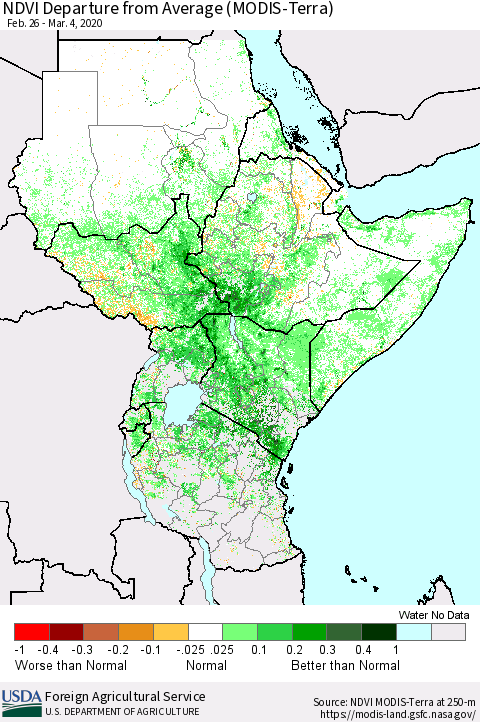 Eastern Africa NDVI Departure from Average (Terra-MODIS) Thematic Map For 3/1/2020 - 3/10/2020