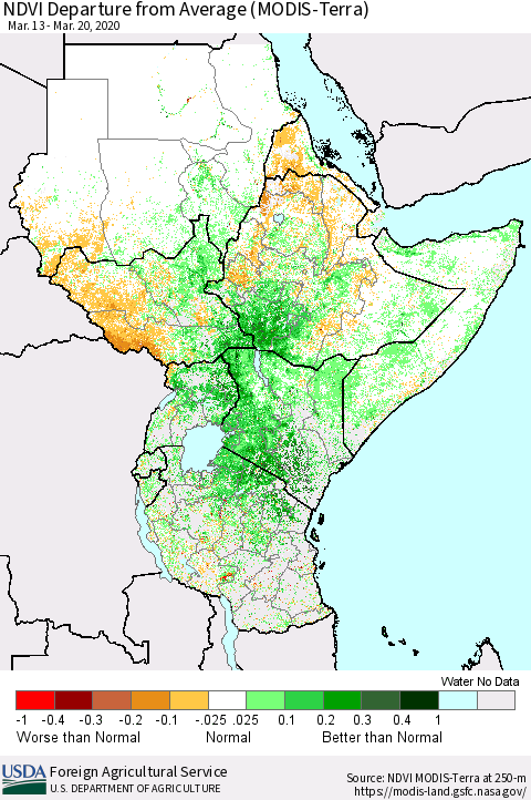 Eastern Africa NDVI Departure from Average (MODIS-Terra) Thematic Map For 3/11/2020 - 3/20/2020