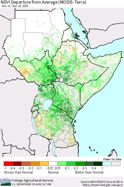 Eastern Africa NDVI Departure from Average (Terra-MODIS) Thematic Map For 3/21/2020 - 3/31/2020