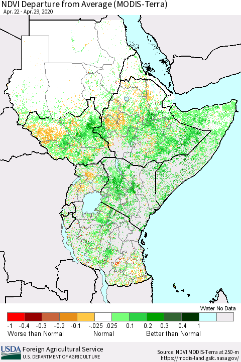 Eastern Africa NDVI Departure from Average (Terra-MODIS) Thematic Map For 4/21/2020 - 4/30/2020