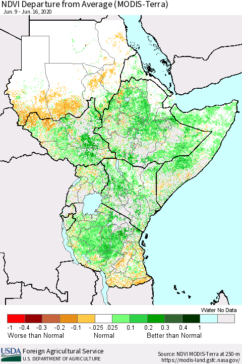 Eastern Africa NDVI Departure from Average (Terra-MODIS) Thematic Map For 6/11/2020 - 6/20/2020