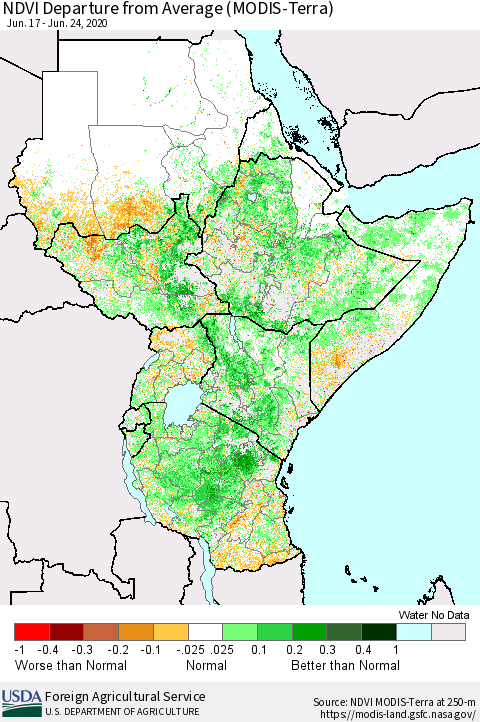 Eastern Africa NDVI Departure from Average (Terra-MODIS) Thematic Map For 6/21/2020 - 6/30/2020