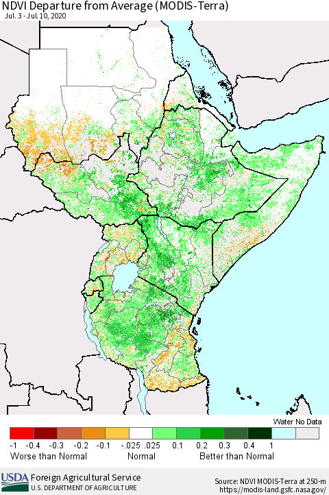 Eastern Africa NDVI Departure from Average (Terra-MODIS) Thematic Map For 7/1/2020 - 7/10/2020