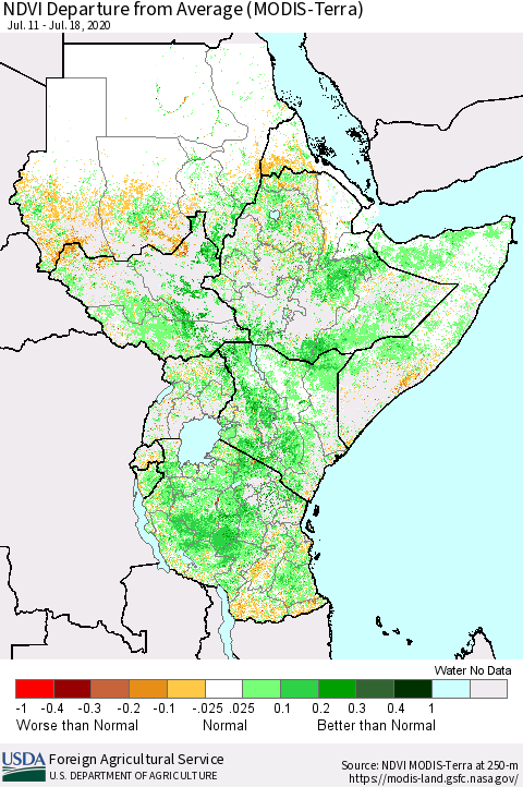 Eastern Africa NDVI Departure from Average (Terra-MODIS) Thematic Map For 7/11/2020 - 7/20/2020
