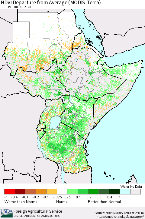 Eastern Africa NDVI Departure from Average (Terra-MODIS) Thematic Map For 7/21/2020 - 7/31/2020