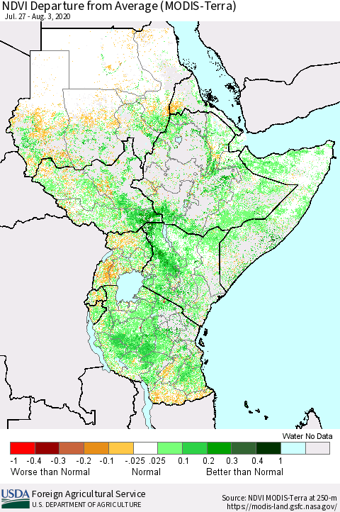 Eastern Africa NDVI Departure from Average (Terra-MODIS) Thematic Map For 8/1/2020 - 8/10/2020