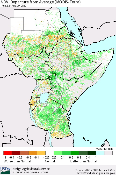 Eastern Africa NDVI Departure from Average (MODIS-Terra) Thematic Map For 8/11/2020 - 8/20/2020